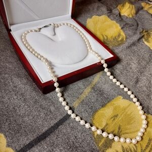 Long fashion pearl necklace tightly woven strand silver fish hook clasp